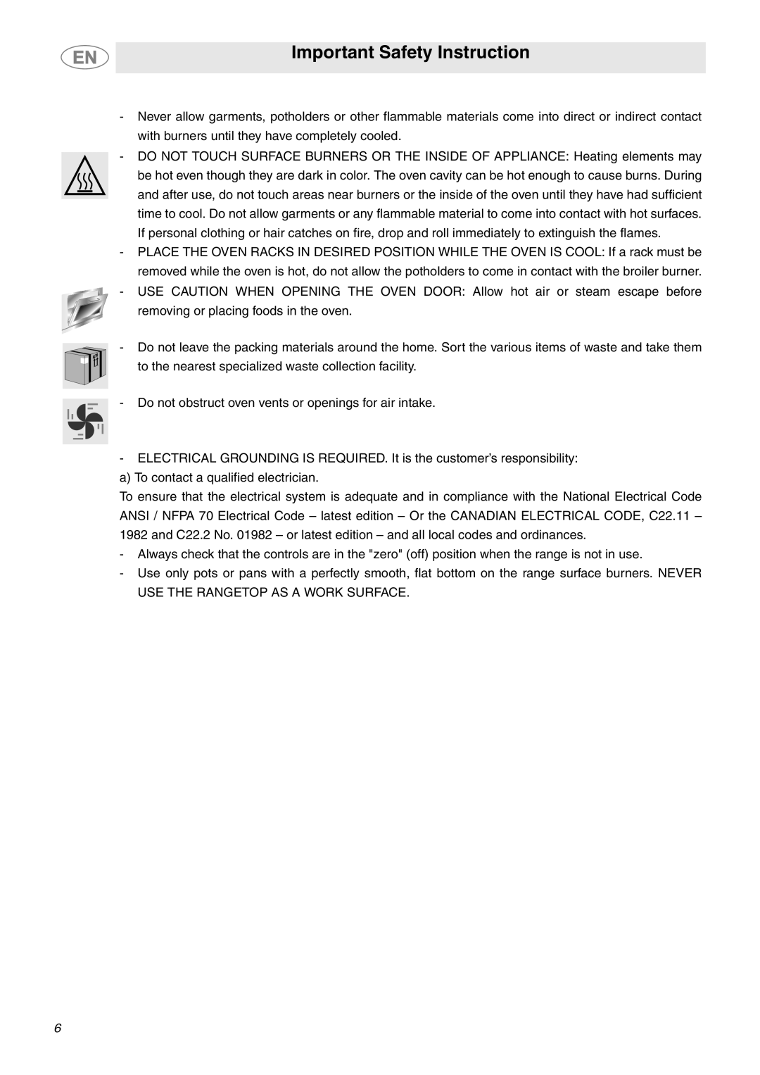 Smeg C6GGXU important safety instructions Important Safety Instruction, a To contact a qualified electrician 