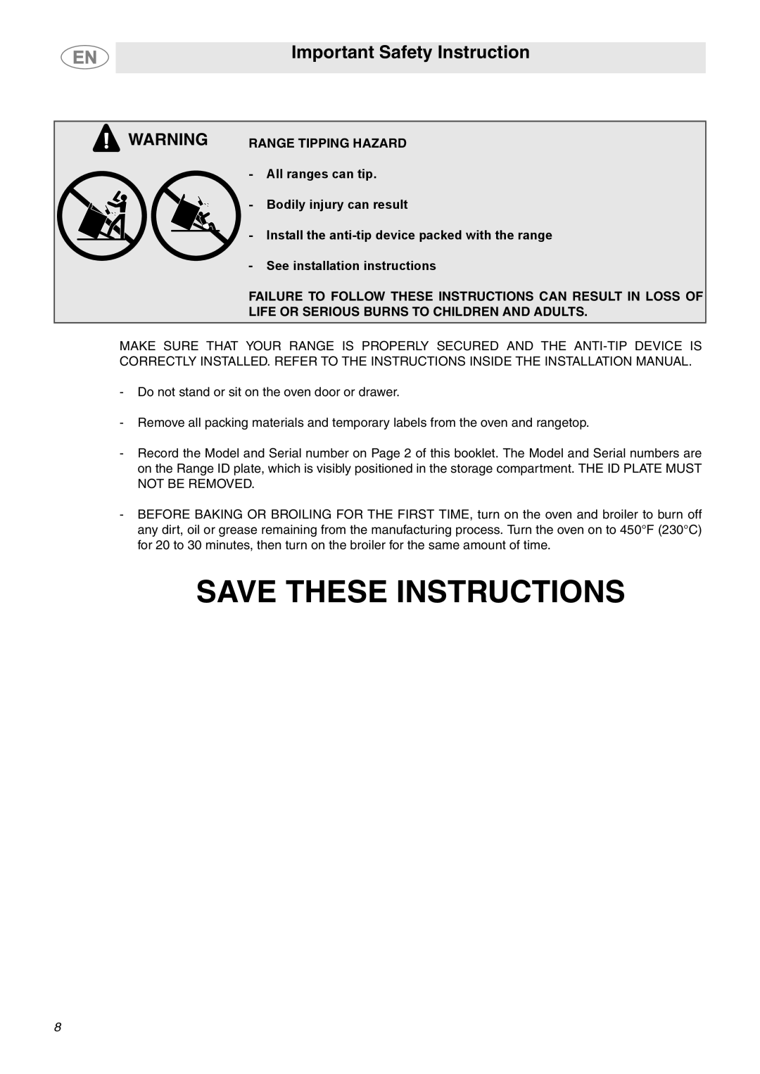Smeg C6GGXU Save These Instructions, Important Safety Instruction, Range Tipping Hazard, See installation instructions 
