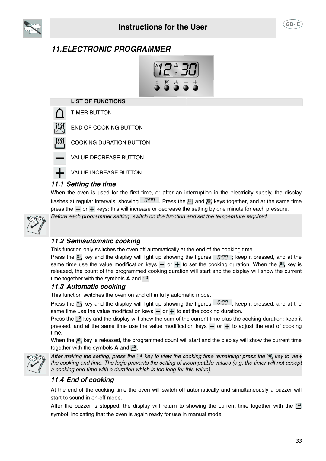 Smeg C6GMX manual Electronic Programmer, Setting the time, Semiautomatic cooking, Automatic cooking, End of cooking 