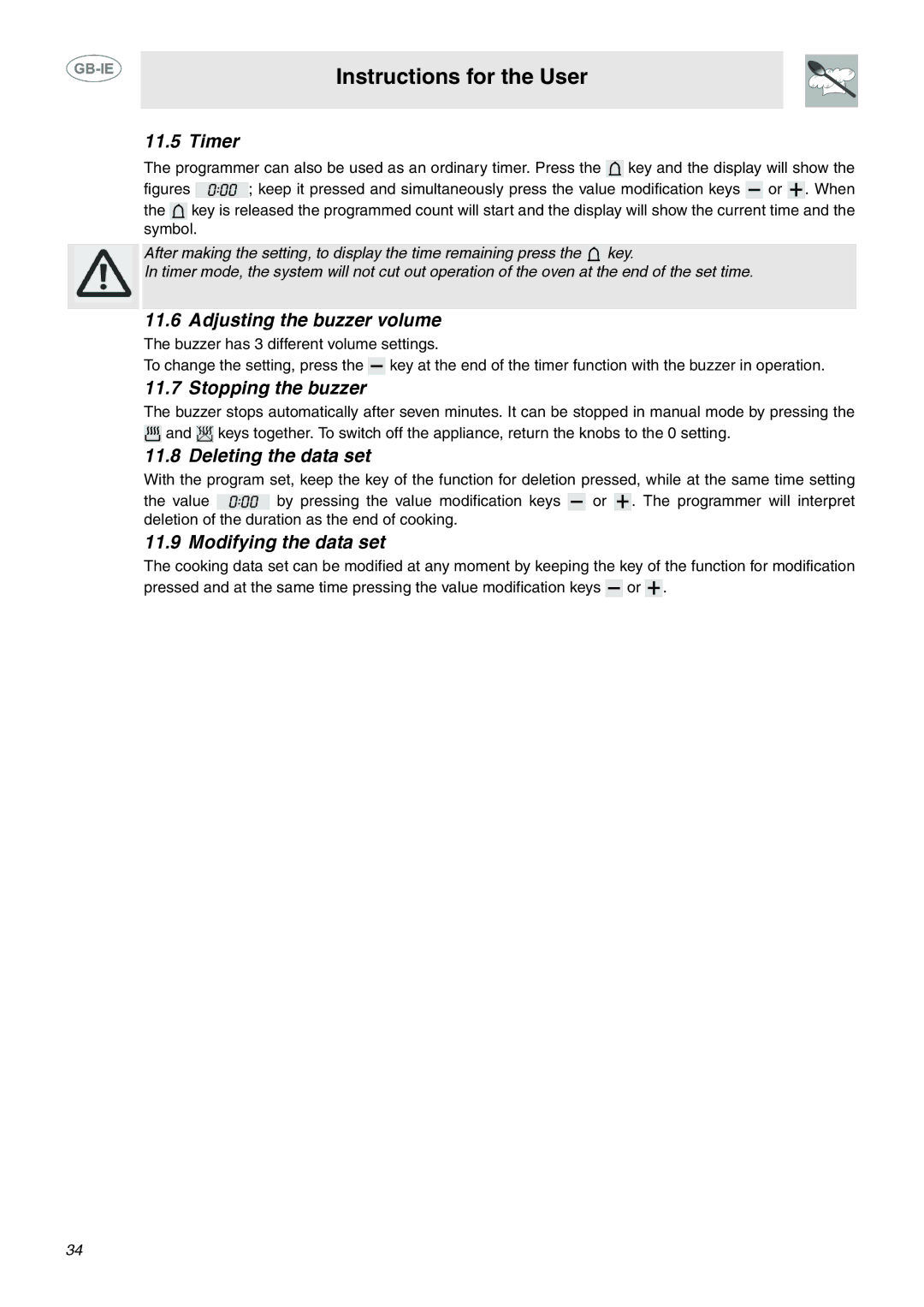 Smeg C6GMX manual Timer, Adjusting the buzzer volume, Stopping the buzzer, Deleting the data set, Modifying the data set 