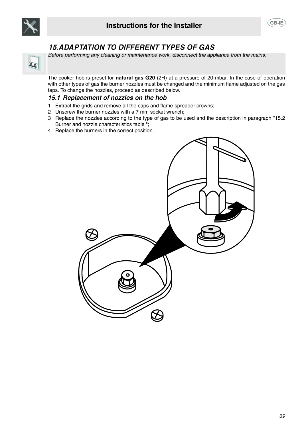 Smeg C6GMX manual Adaptation to Different Types of GAS, Replacement of nozzles on the hob 