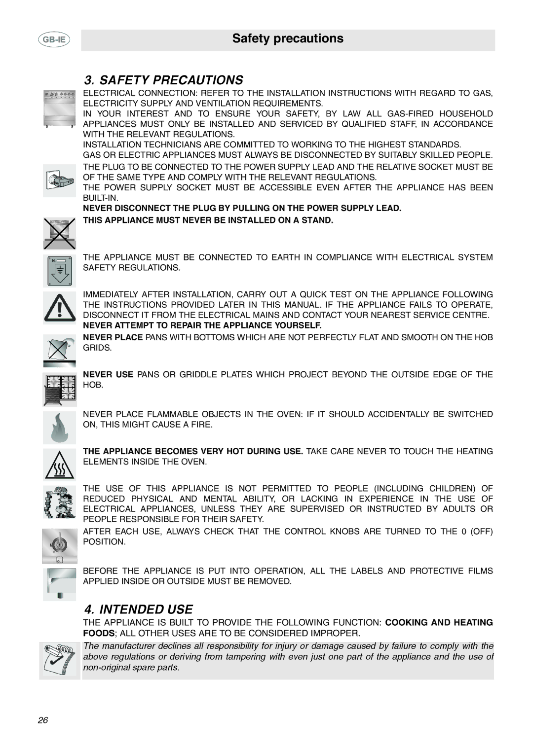 Smeg C6GMX manual Safety Precautions, Intended USE, Never Attempt to Repair the Appliance Yourself 