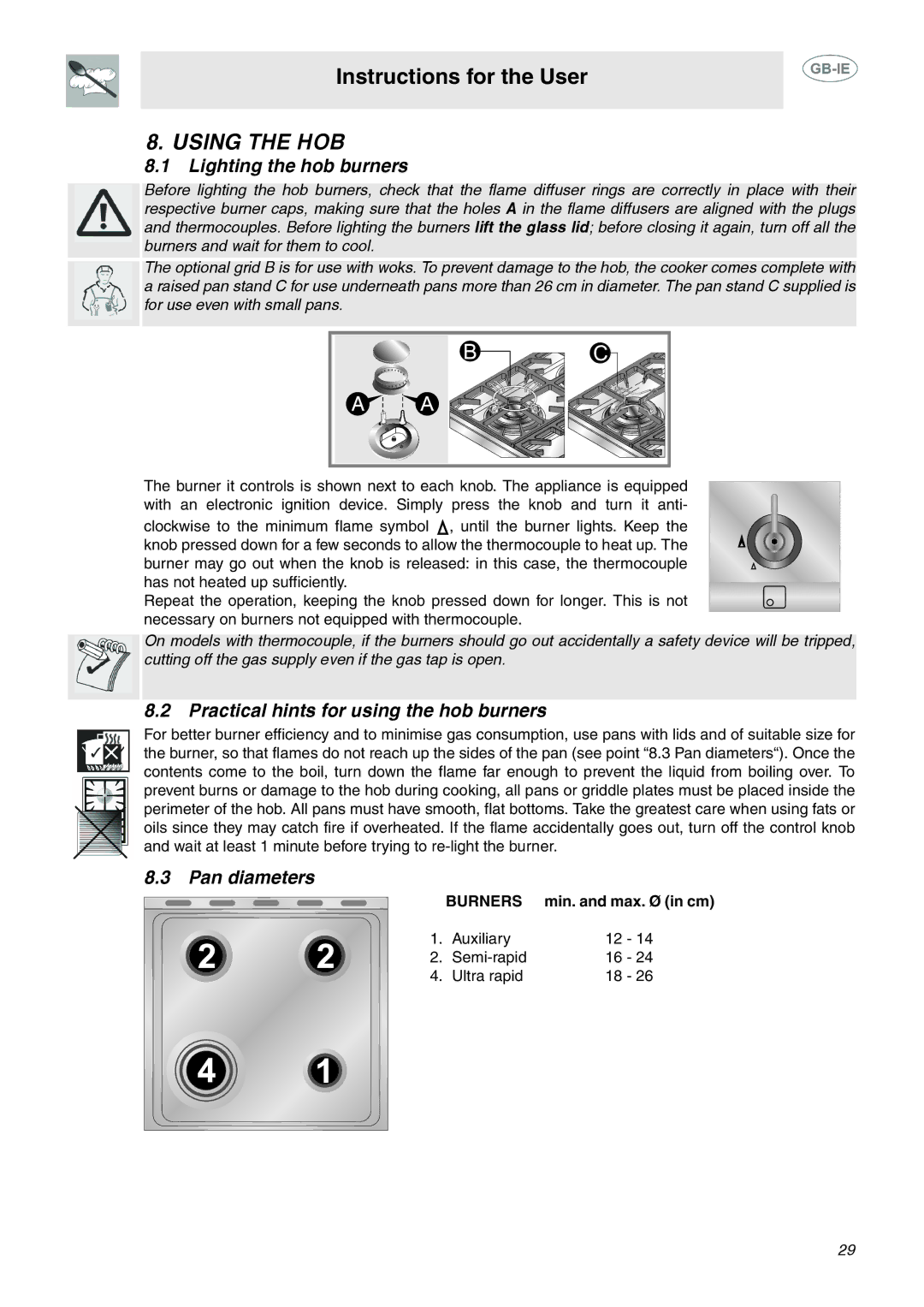 Smeg C6GMX Using the HOB, Lighting the hob burners, Practical hints for using the hob burners, Pan diameters, Burners 