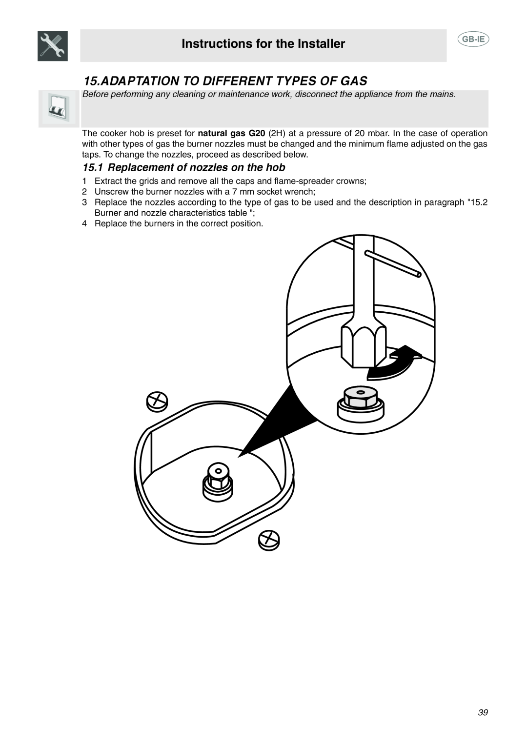 Smeg C6GMX manual Adaptation To Different Types Of Gas, Replacement of nozzles on the hob, Instructions for the Installer 