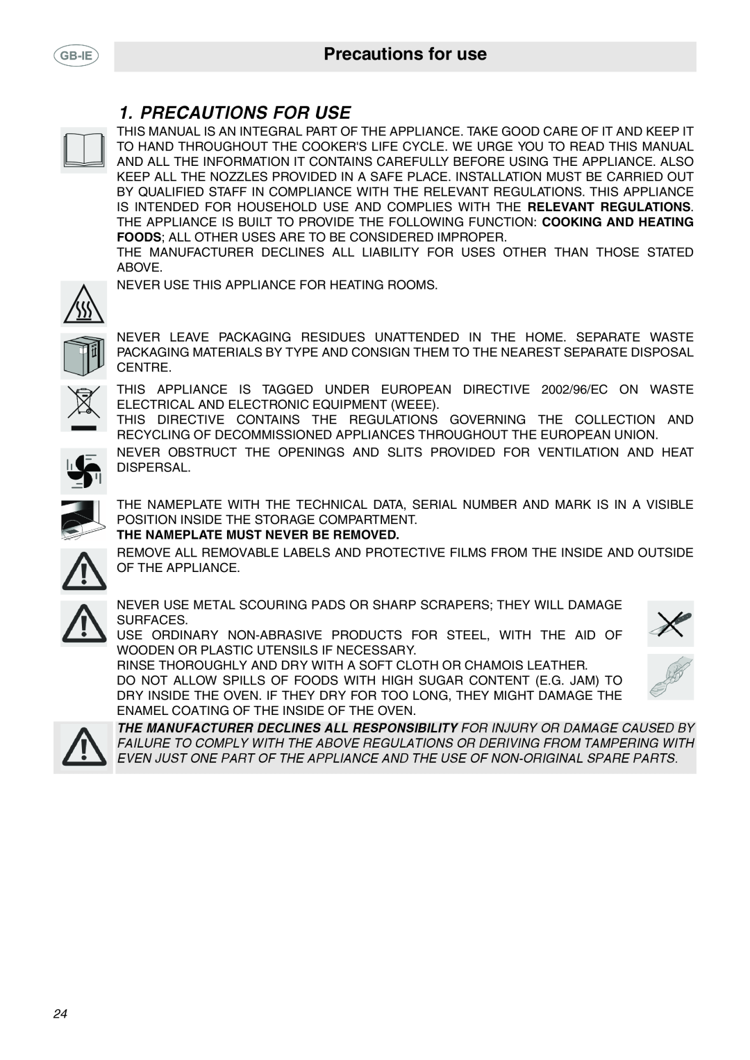 Smeg C6GMX manual Precautions for use, Precautions For Use 