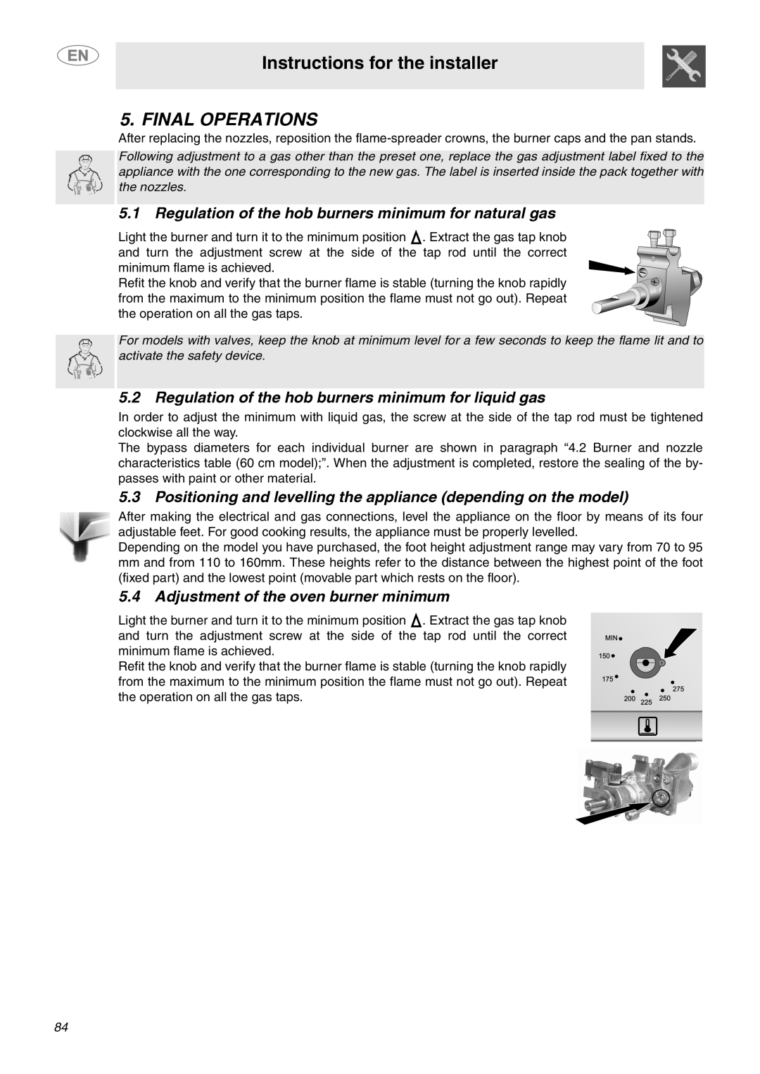 Smeg C6GVXI Final Operations, Regulation of the hob burners minimum for natural gas, Adjustment of the oven burner minimum 