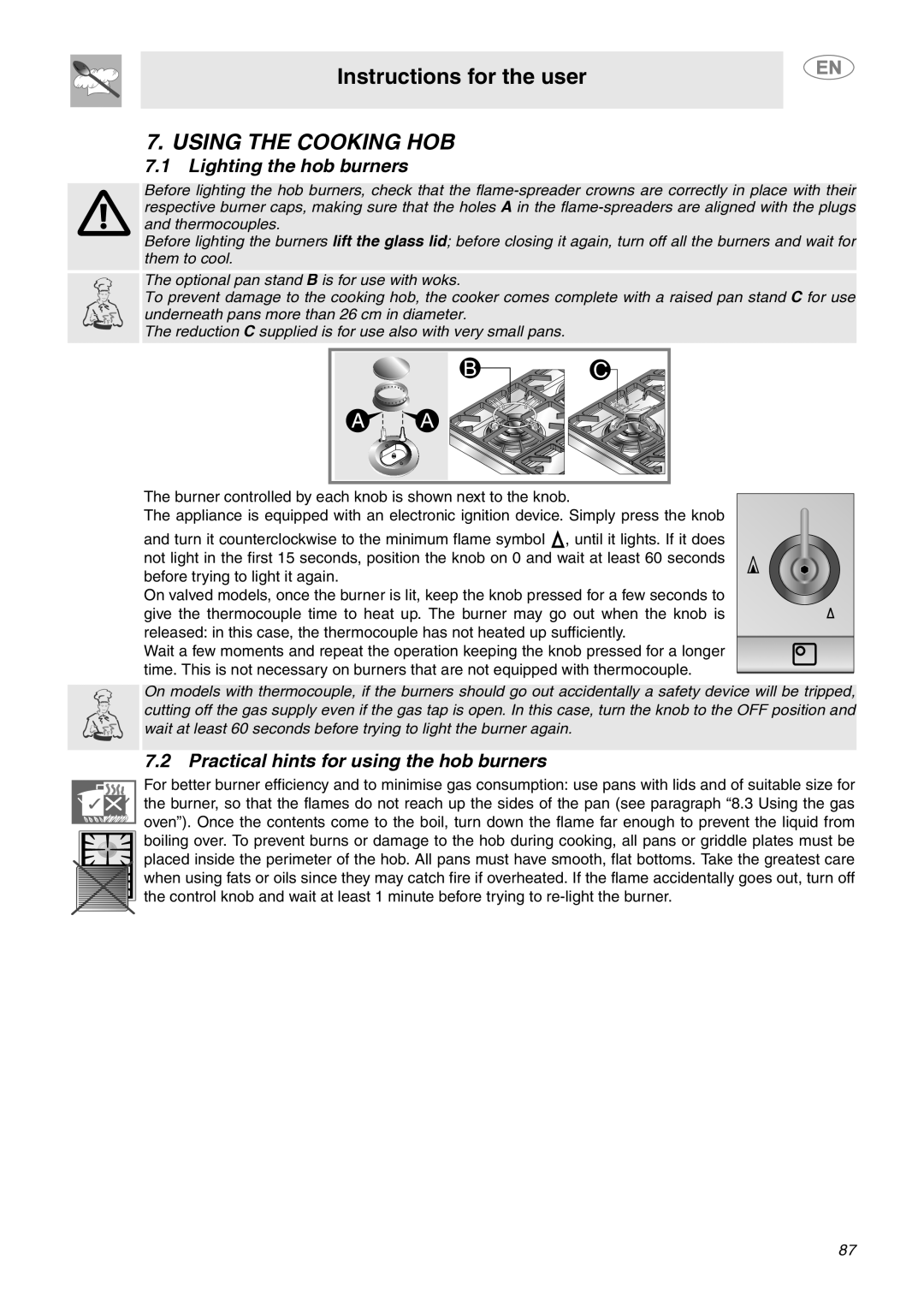 Smeg C6GVXI manual Using the Cooking HOB, Lighting the hob burners, Practical hints for using the hob burners 