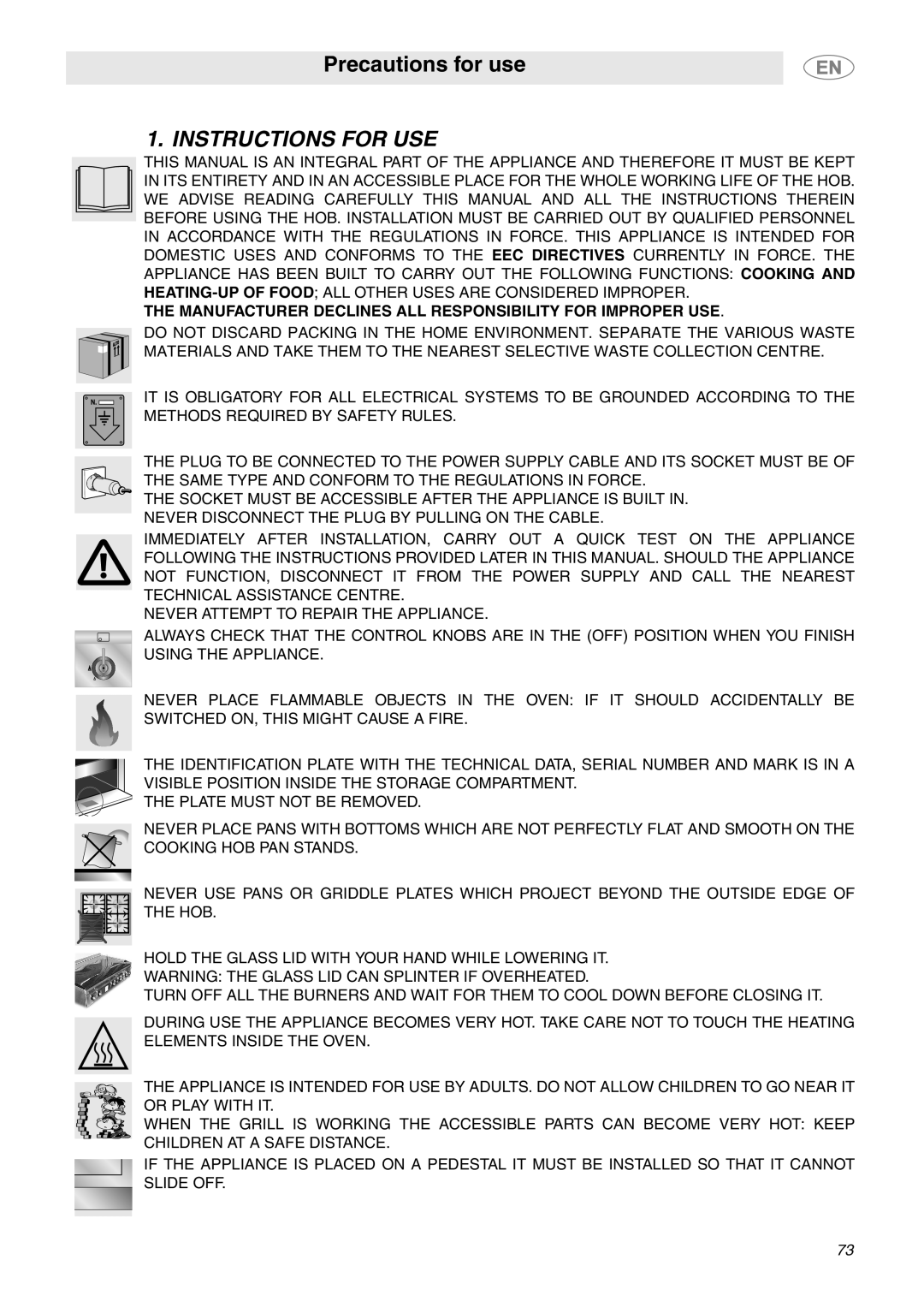 Smeg C6GVXI manual Instructions for USE, Manufacturer Declines ALL Responsibility for Improper USE 