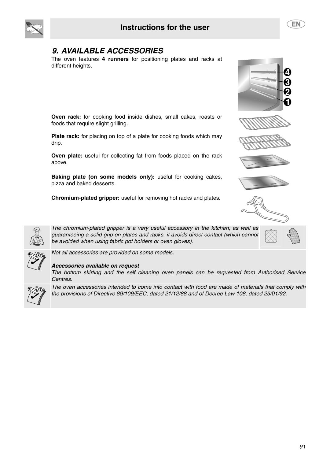 Smeg C6GVXI manual Available Accessories, Baking plate on some models only useful for cooking cakes 