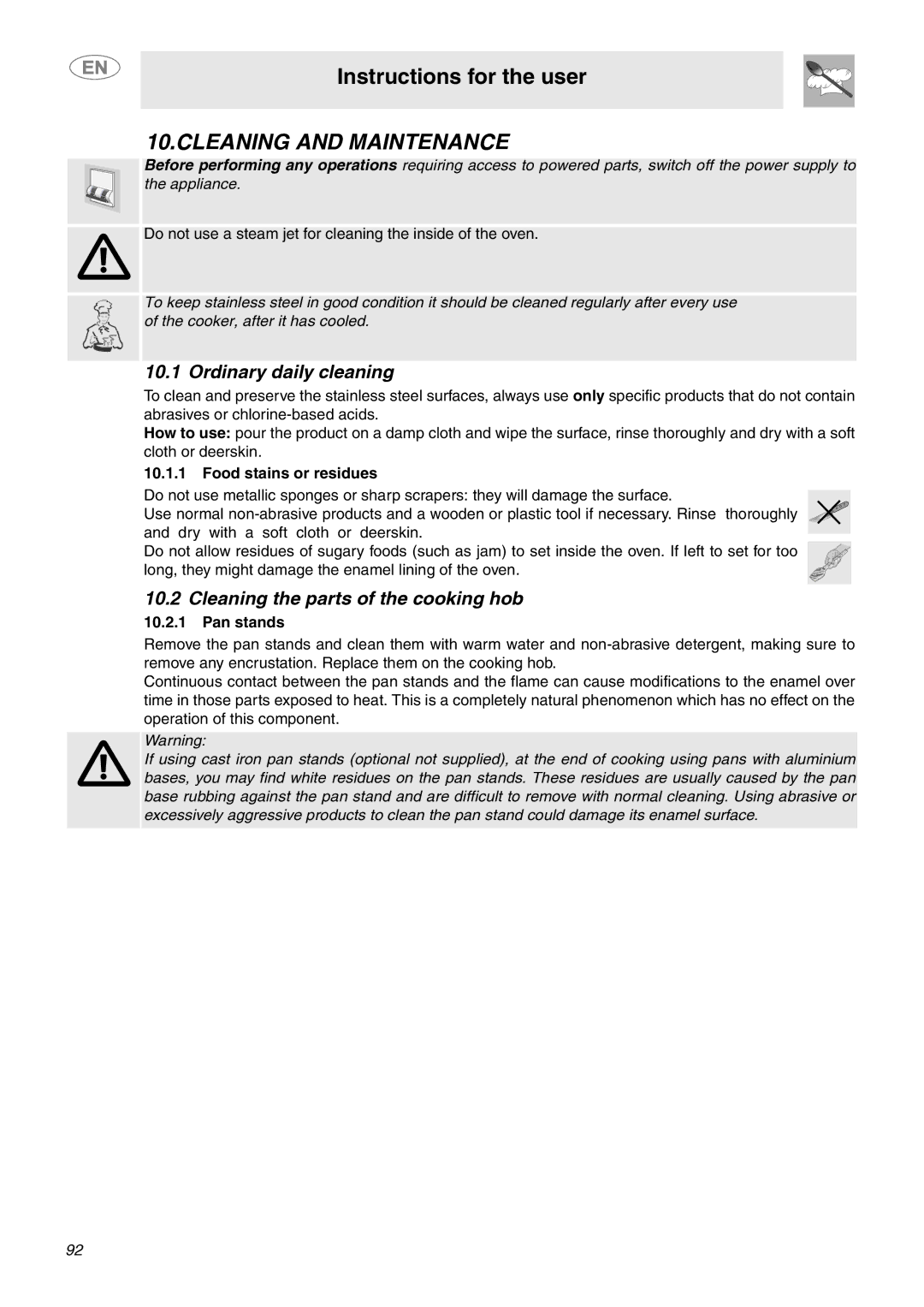 Smeg C6GVXI manual Cleaning and Maintenance, Ordinary daily cleaning, Cleaning the parts of the cooking hob, Pan stands 