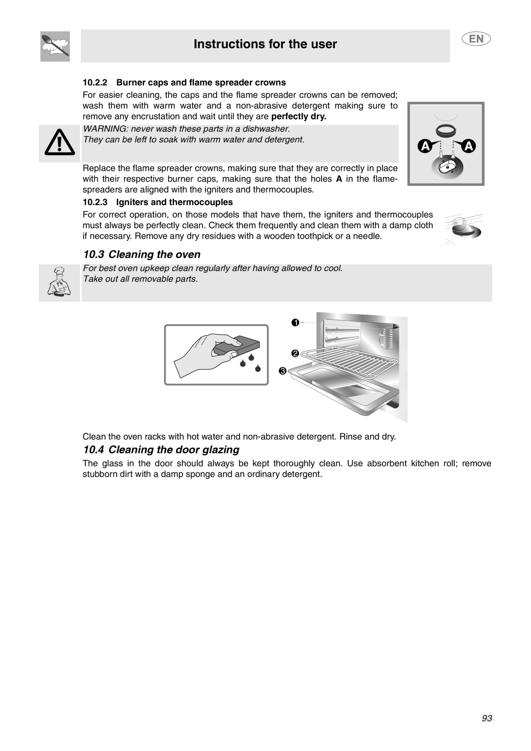 Smeg C6GVXI manual Cleaning the oven, Cleaning the door glazing, Burner caps and flame spreader crowns 