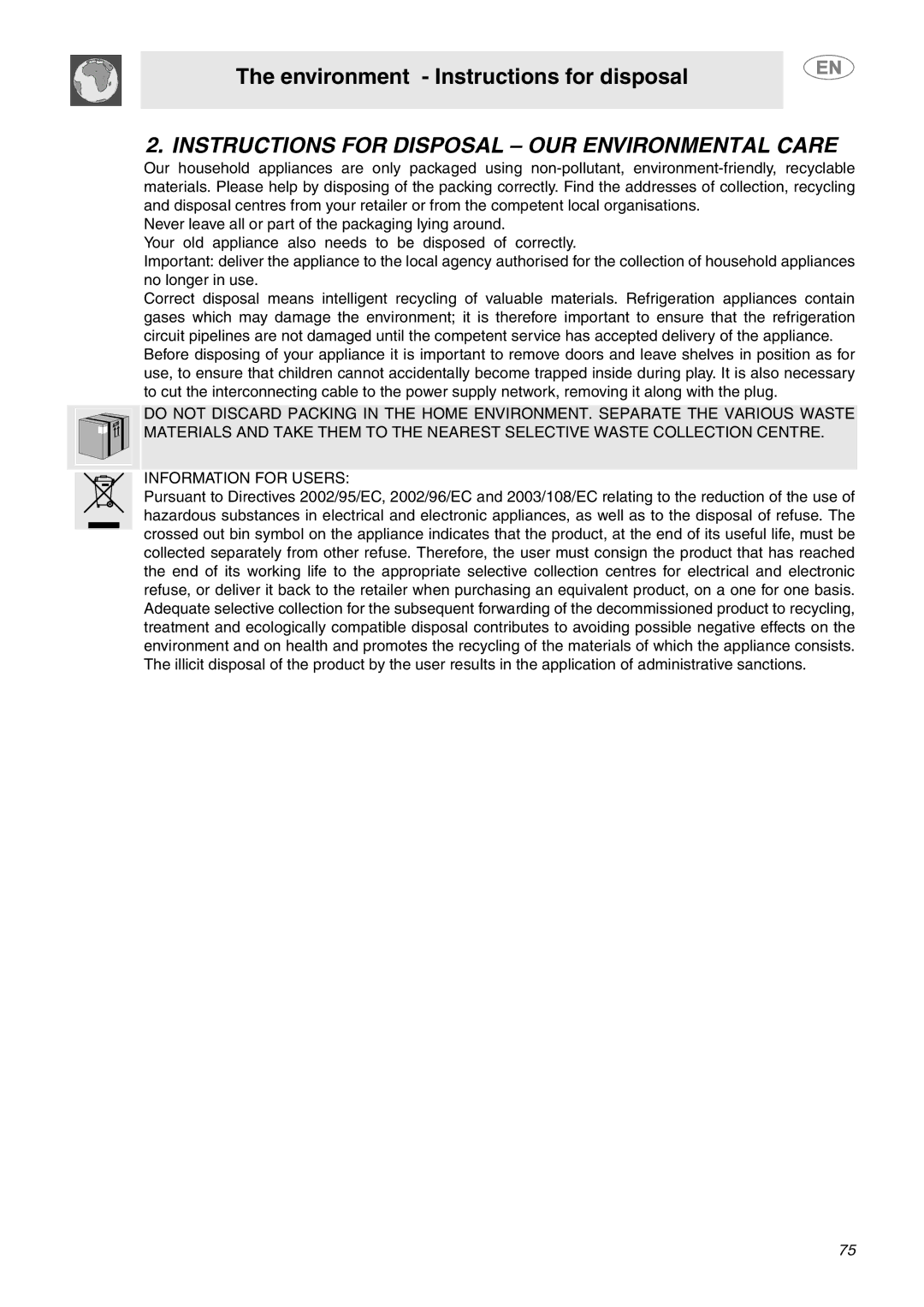 Smeg C6GVXI manual Instructions for Disposal OUR Environmental Care 