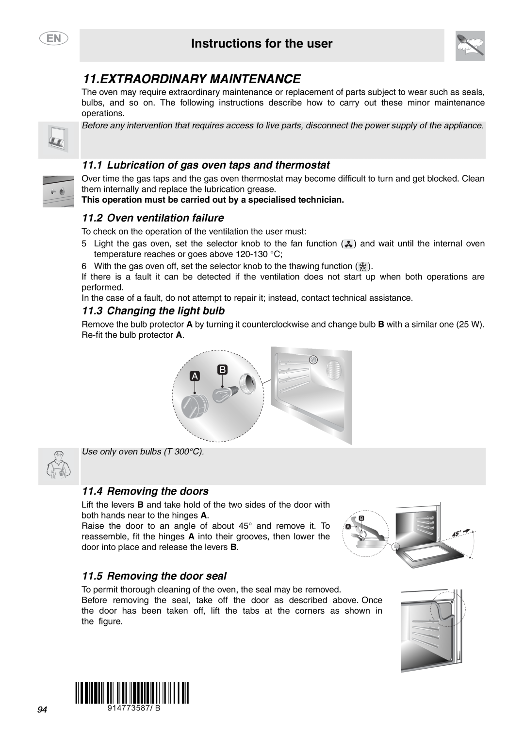 Smeg C6GVXI manual Extraordinary Maintenance, Lubrication of gas oven taps and thermostat, Oven ventilation failure 