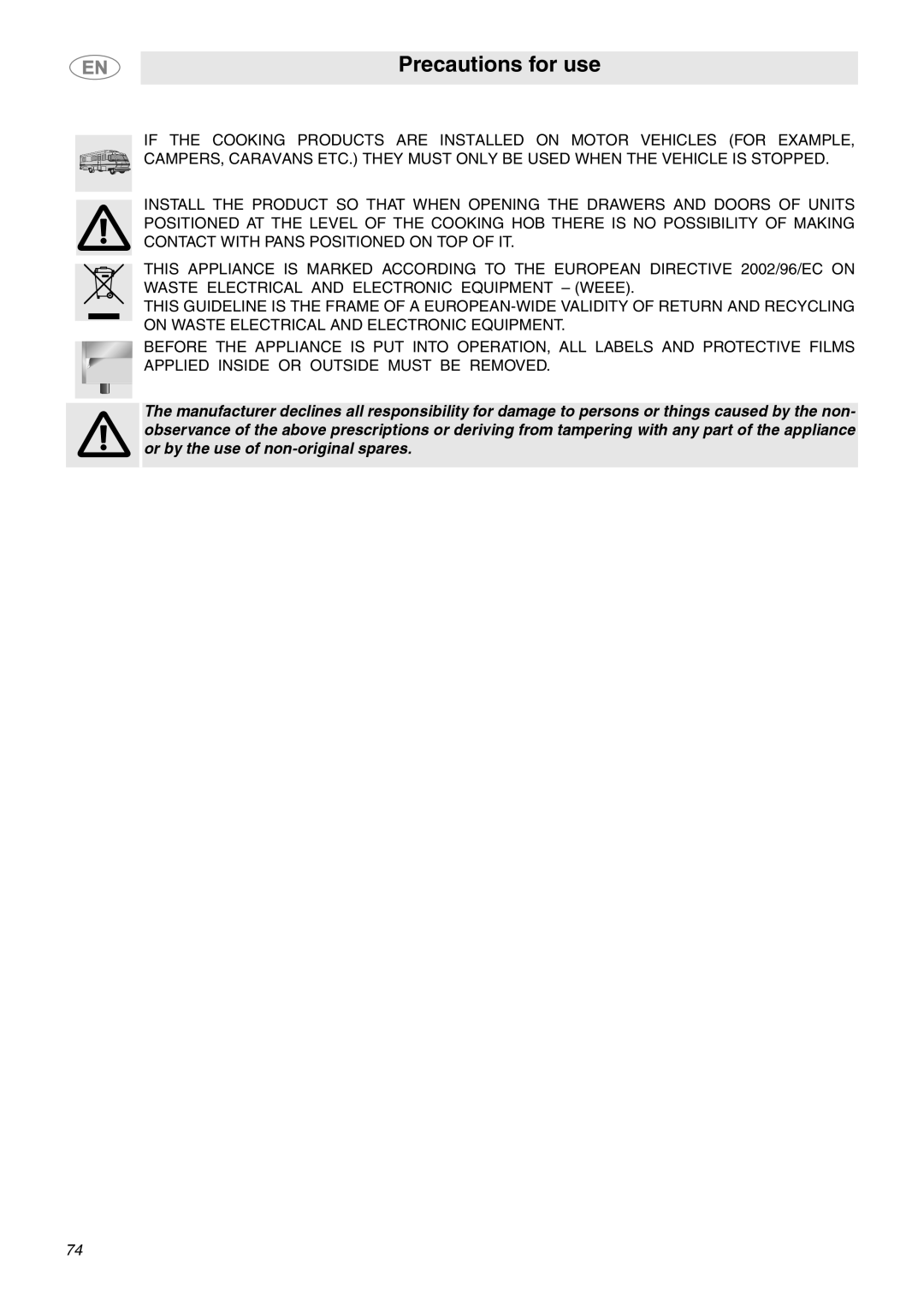 Smeg C6GVXI manual Precautions for use 
