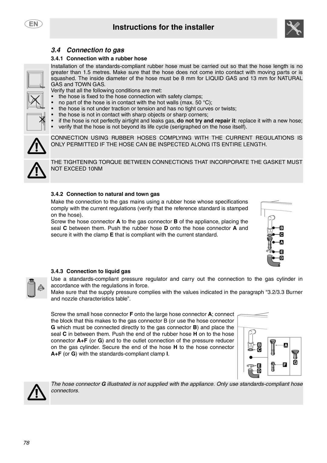 Smeg C6GVXI Connection to gas, Instructions for the installer, Connection with a rubber hose, Connection to liquid gas 