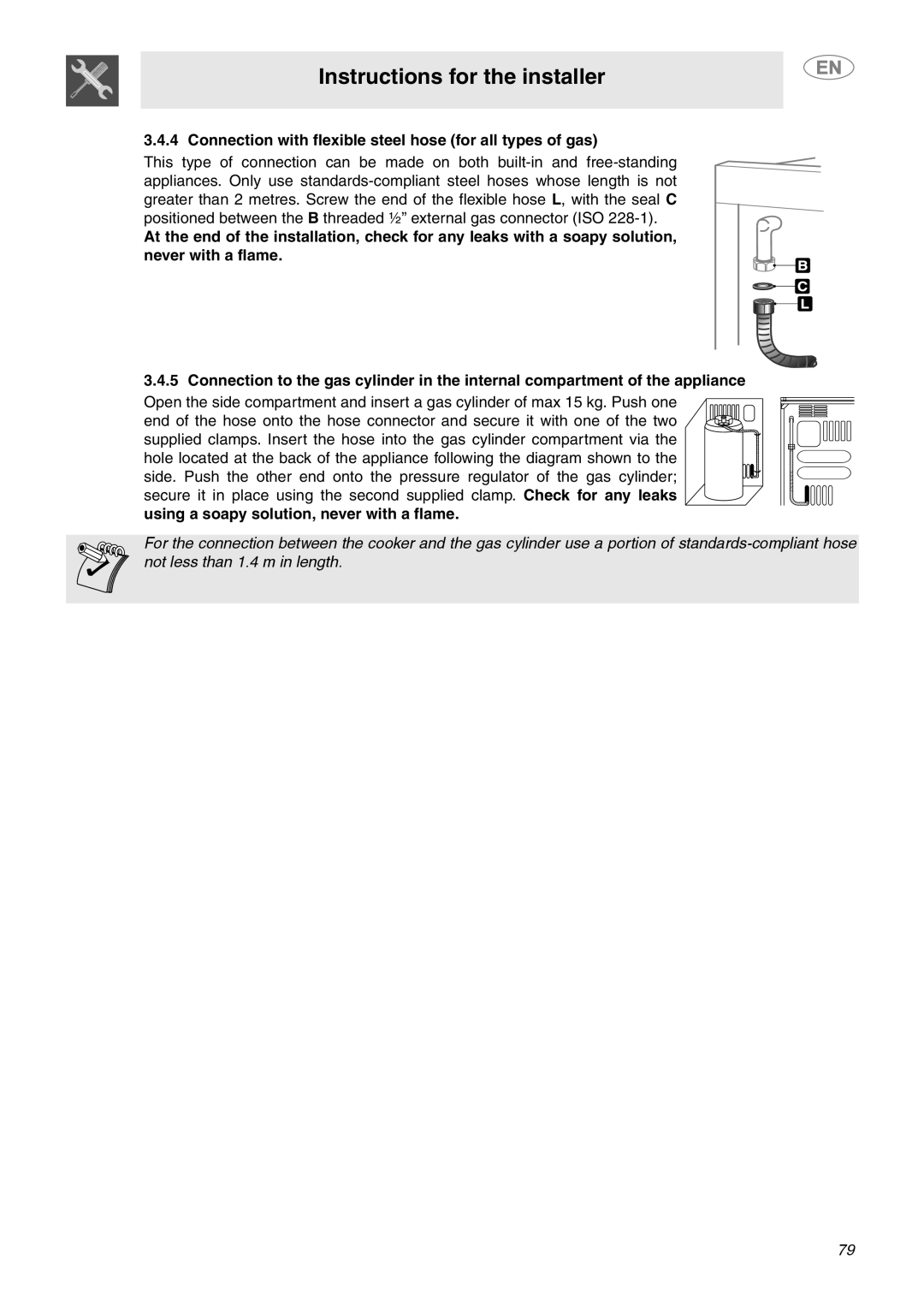 Smeg C6GVXI manual Instructions for the installer, Connection with flexible steel hose for all types of gas 