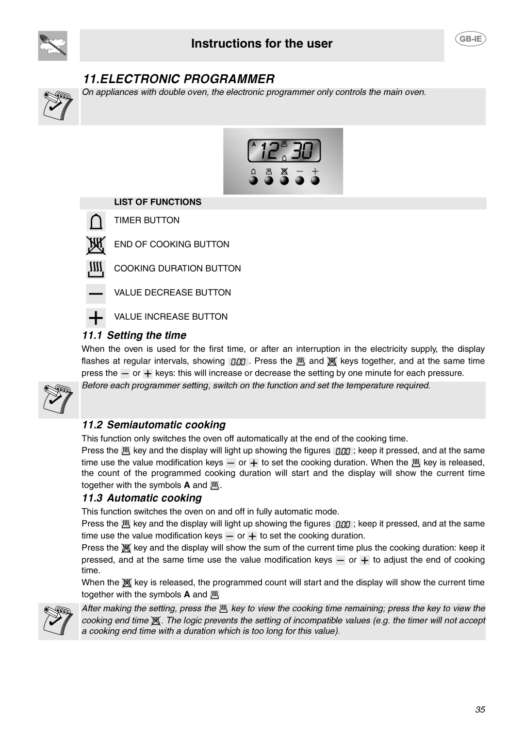 Smeg C92GMX manual Electronic Programmer, Setting the time, Semiautomatic cooking, Automatic cooking, List of Functions 