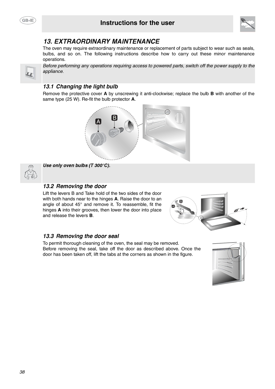 Smeg C92GMX manual Extraordinary Maintenance, Changing the light bulb, Removing the door seal 