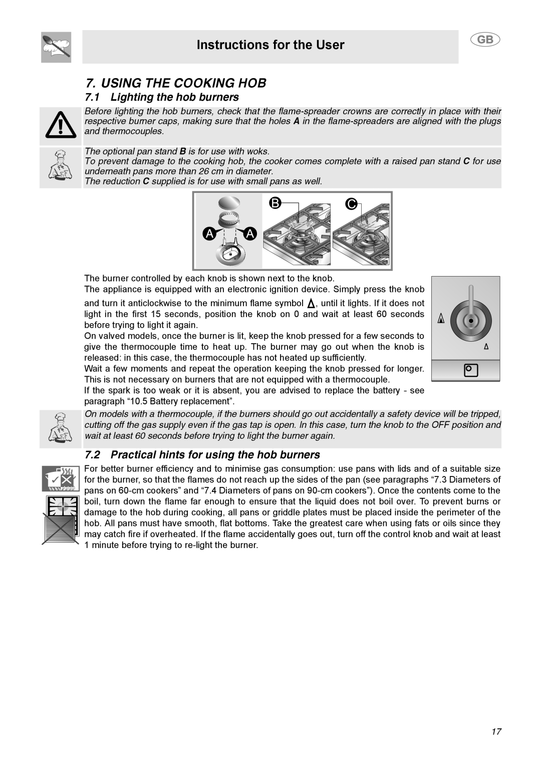 Smeg C9GGSSA manual Using the Cooking HOB, Lighting the hob burners, Practical hints for using the hob burners 