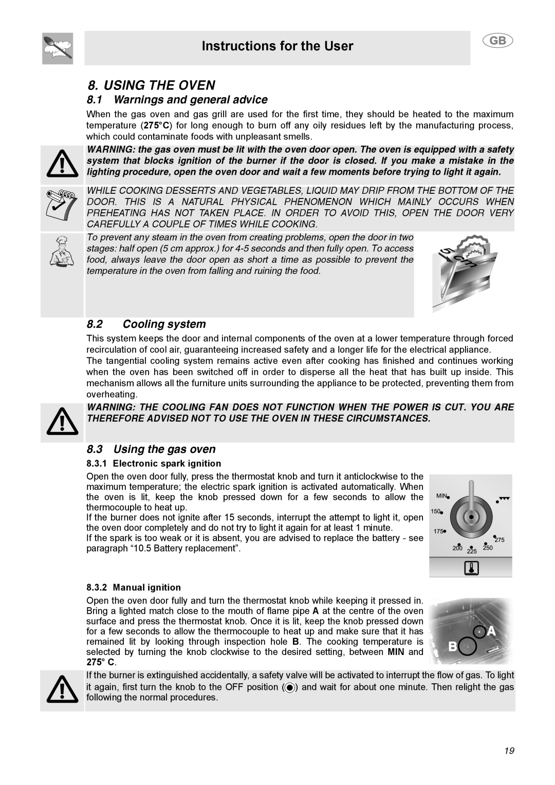 Smeg C9GGSSA manual Using the Oven, Cooling system, Using the gas oven 