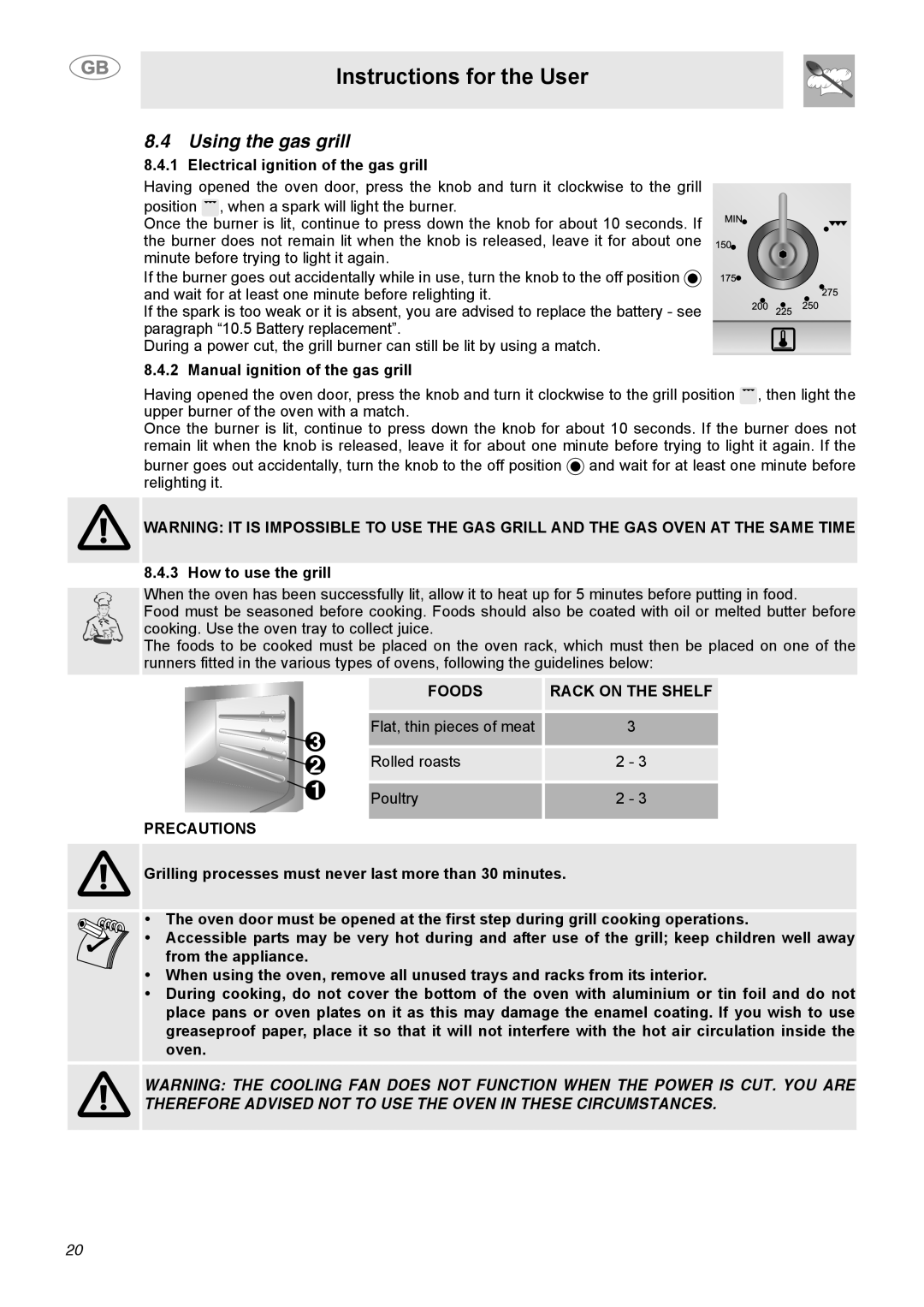 Smeg C9GGSSA manual Using the gas grill, Electrical ignition of the gas grill, Manual ignition of the gas grill 