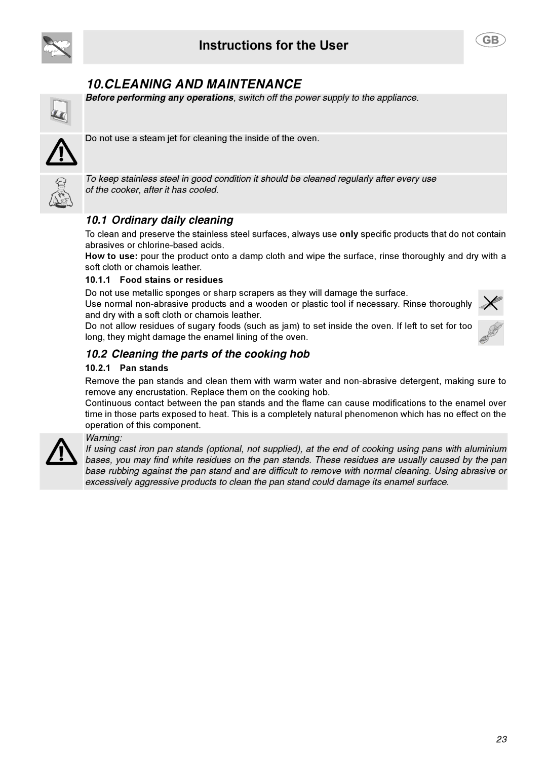 Smeg C9GGSSA manual Cleaning and Maintenance, Ordinary daily cleaning, Cleaning the parts of the cooking hob, Pan stands 