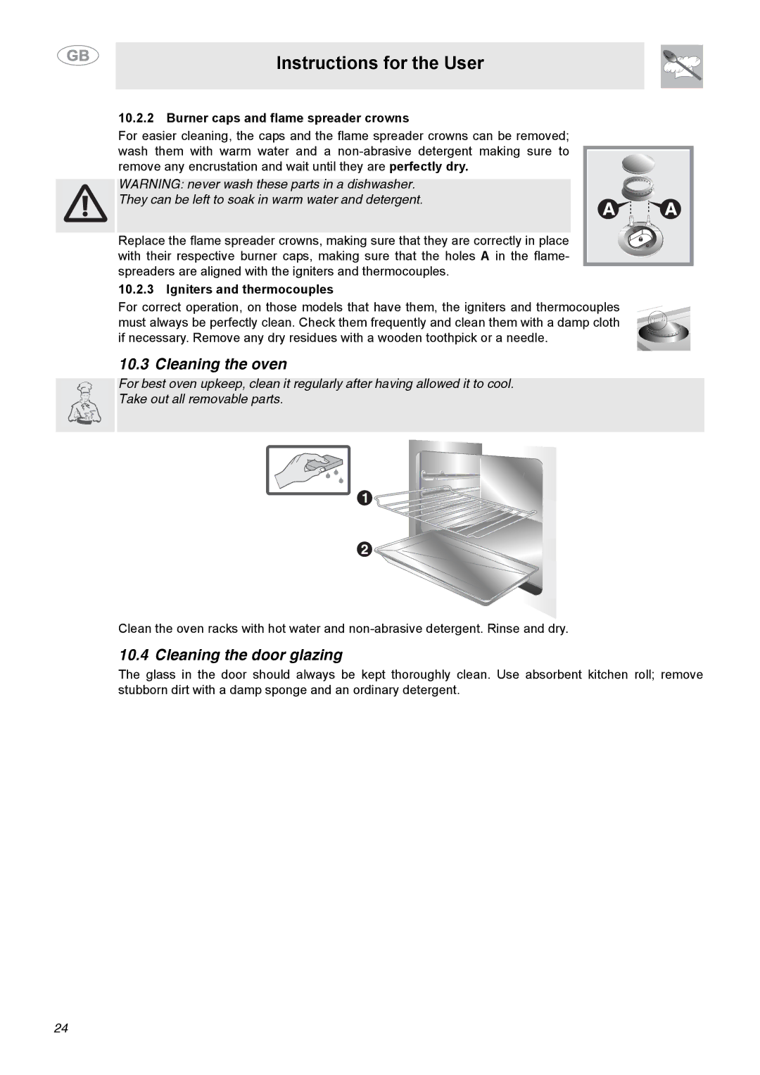 Smeg C9GGSSA manual Cleaning the oven, Cleaning the door glazing, Burner caps and flame spreader crowns 