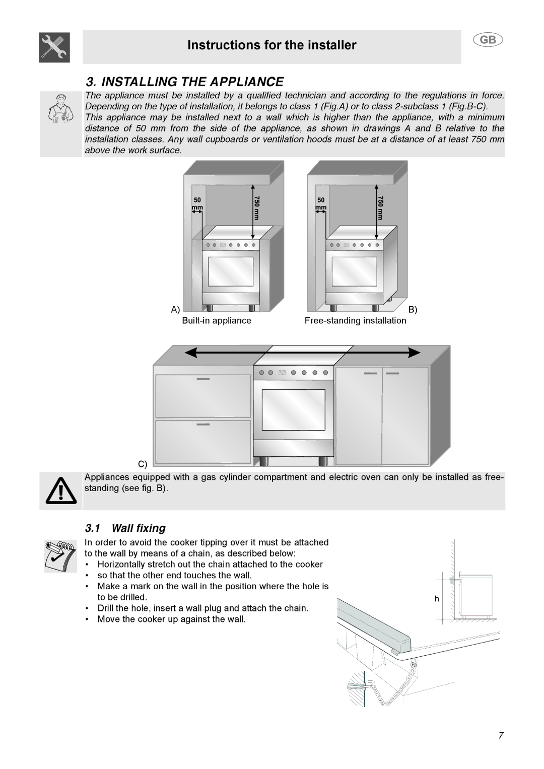 Smeg C9GGSSA manual Installing the Appliance, Wall fixing 