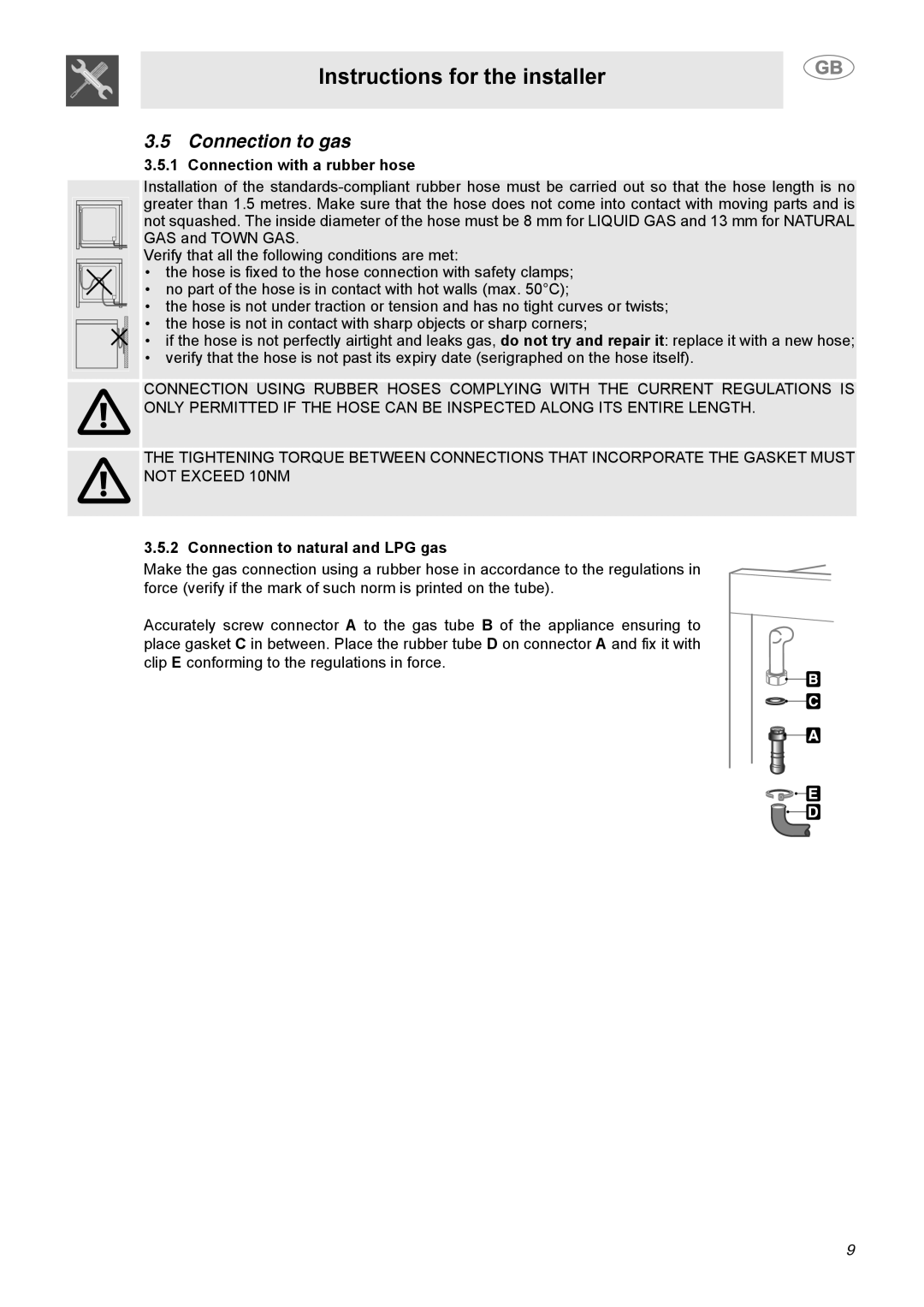 Smeg C9GGSSA manual Connection to gas, Connection with a rubber hose, Connection to natural and LPG gas 