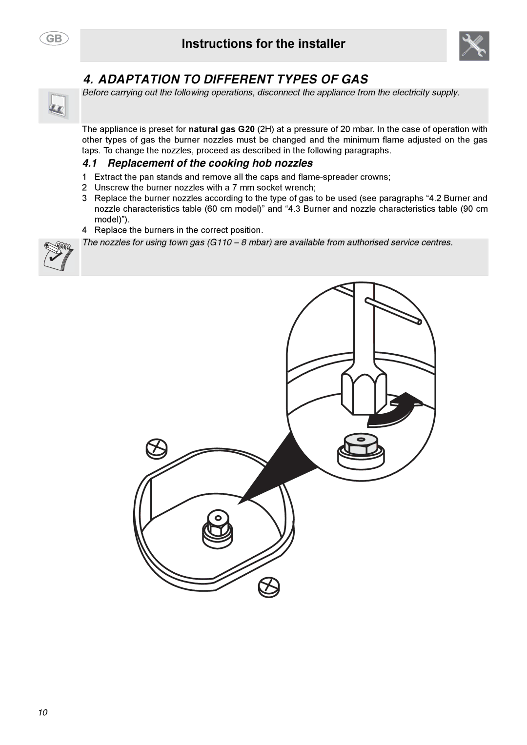 Smeg C9GGSSA manual Adaptation to Different Types of GAS, Replacement of the cooking hob nozzles 