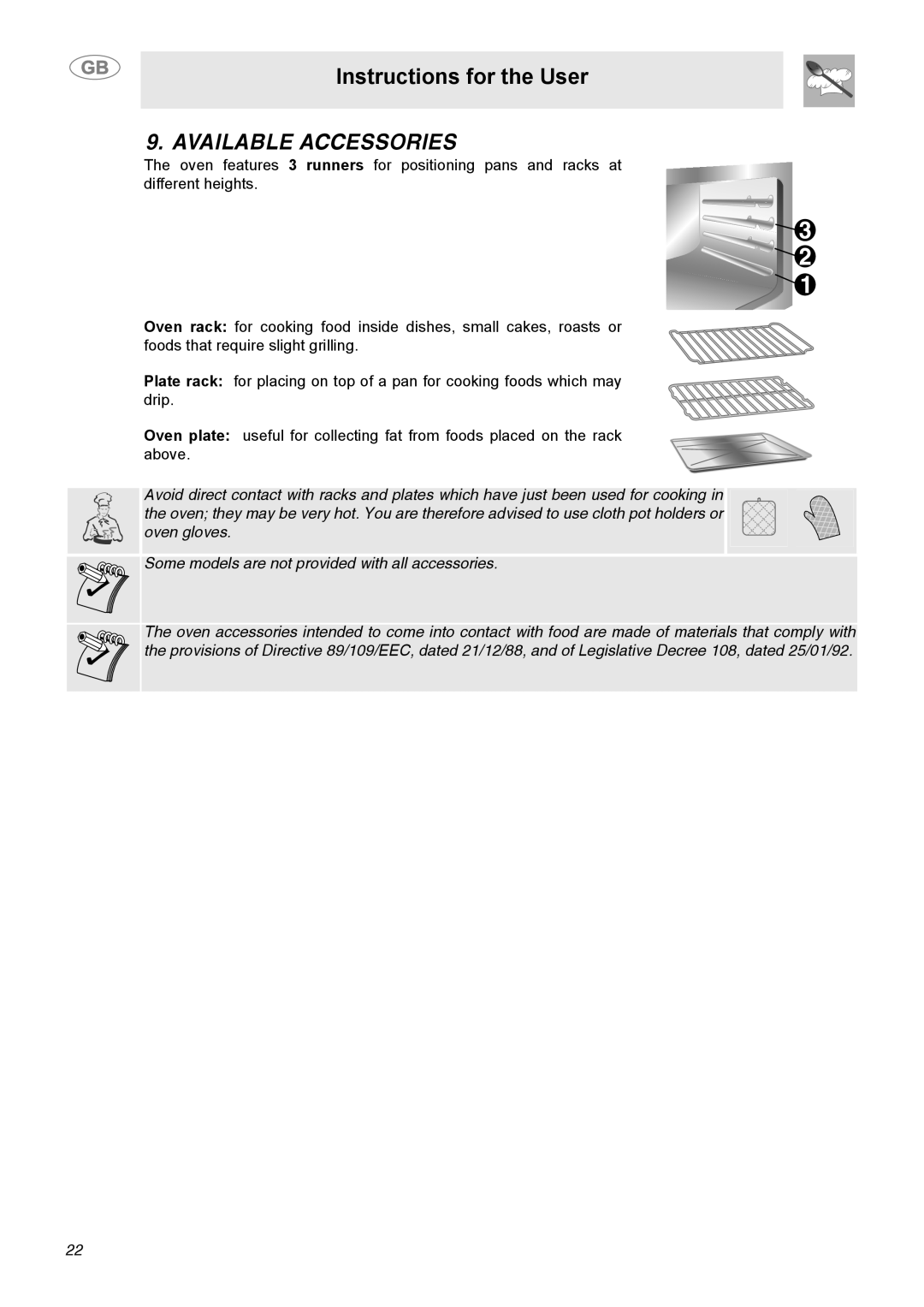 Smeg C9GGSSA manual Available Accessories, Instructions for the User 