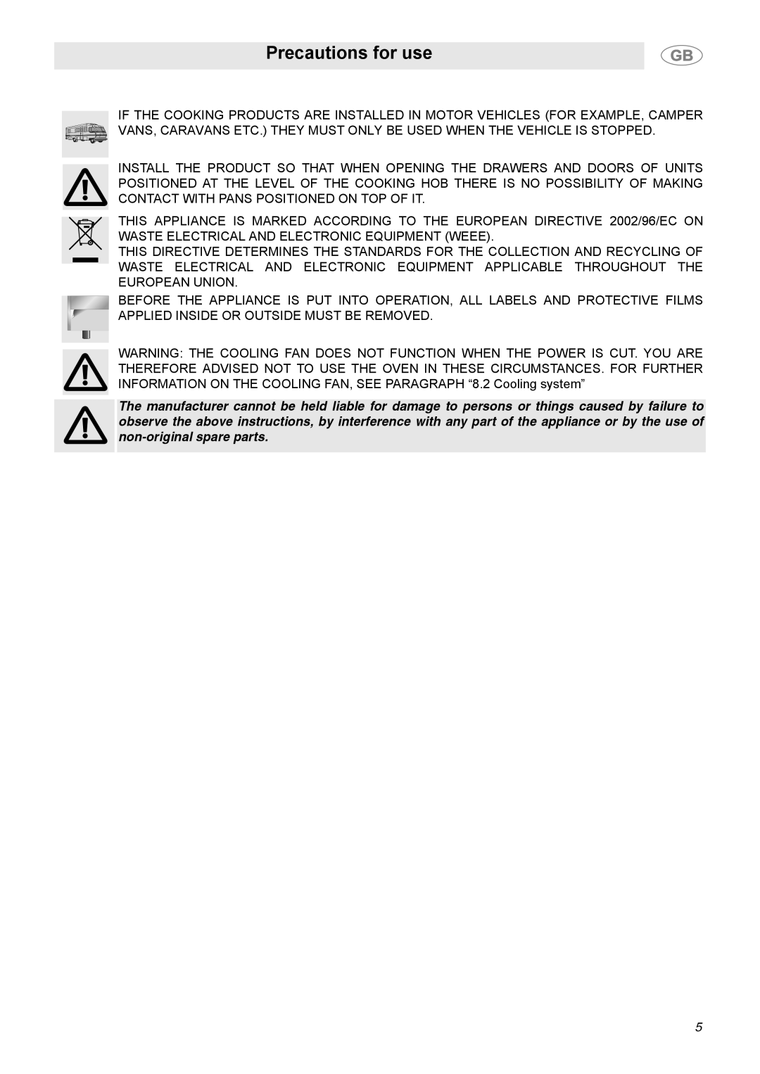 Smeg C9GGSSA manual Precautions for use 