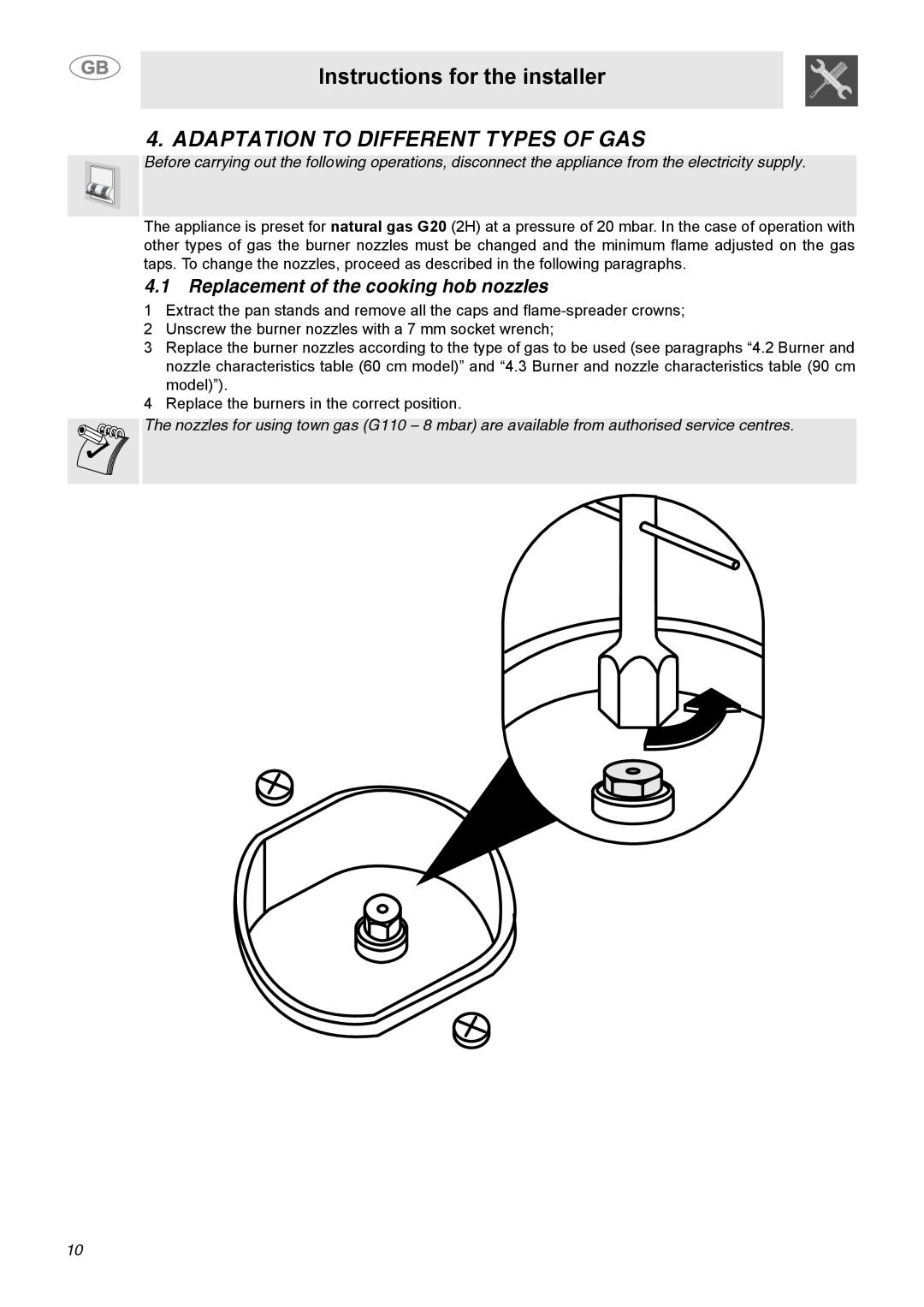Smeg C9GGSSA Adaptation To Different Types Of Gas, Replacement of the cooking hob nozzles, Instructions for the installer 