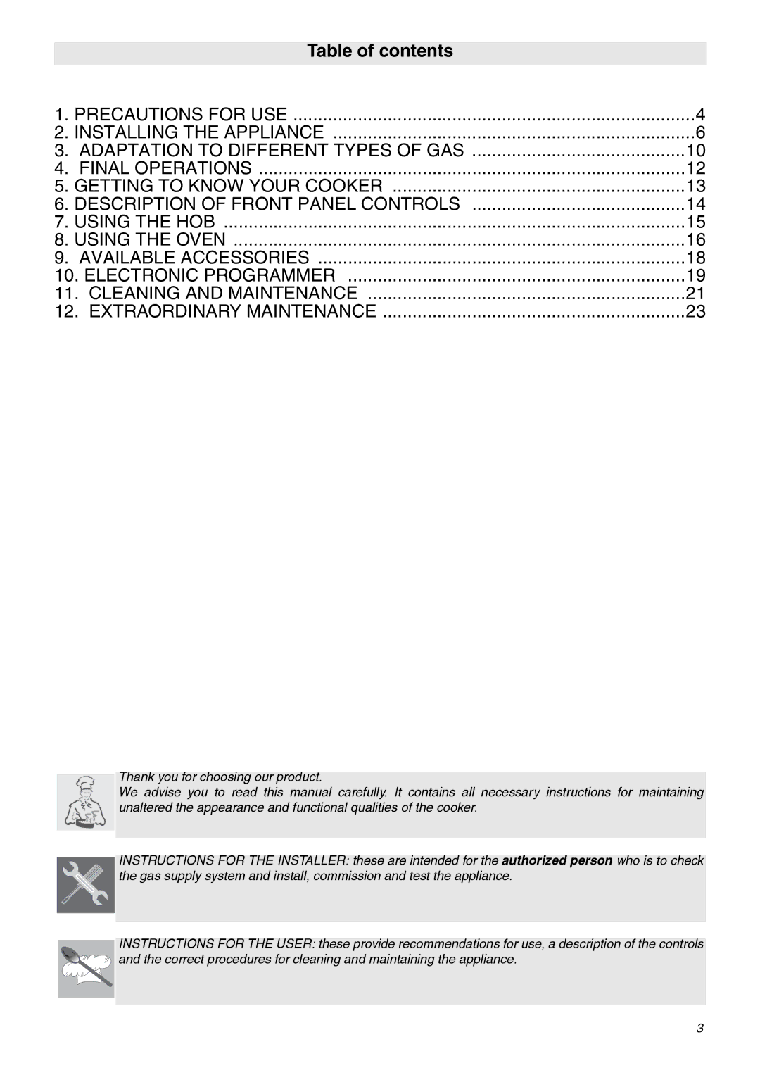 Smeg C9GMXA manual Table of contents 