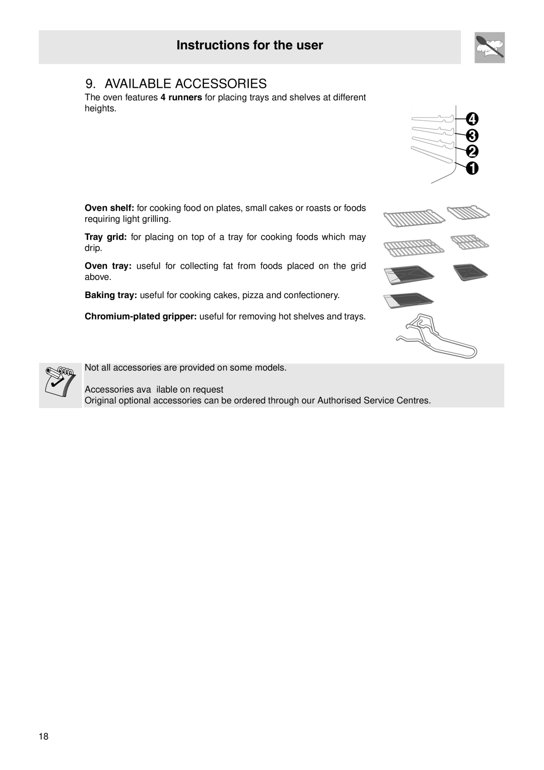 Smeg C9GMXA manual Available Accessories 