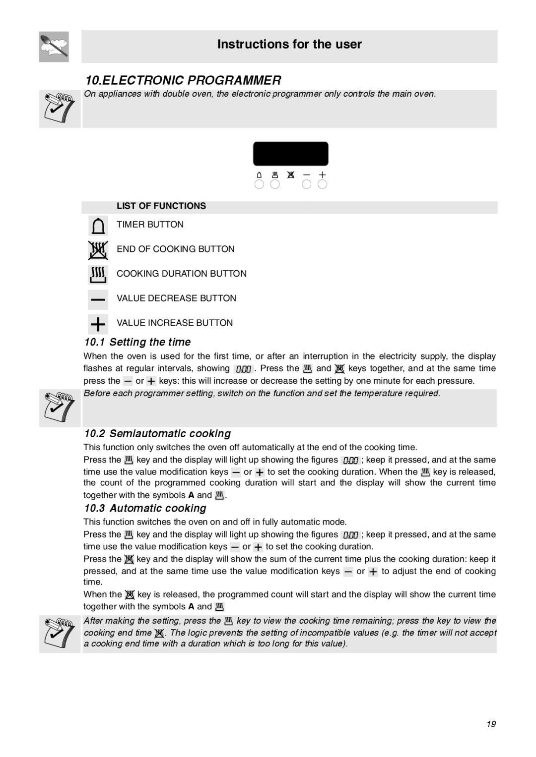 Smeg C9GMXA manual Electronic Programmer, Setting the time, Semiautomatic cooking, Automatic cooking, List of Functions 