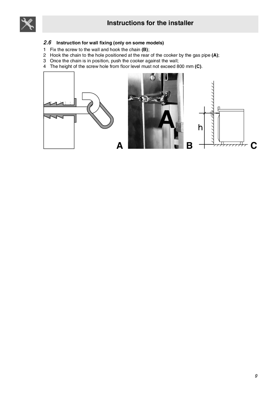 Smeg C9GMXA manual Instruction for wall fixing only on some models 