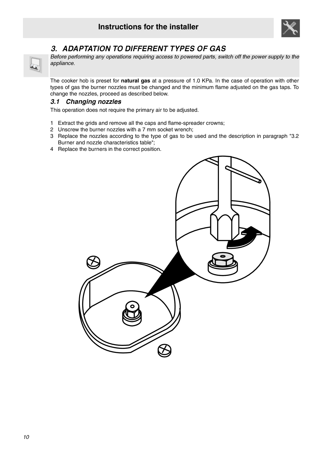 Smeg C9GMXA manual Adaptation to Different Types of GAS, Changing nozzles 