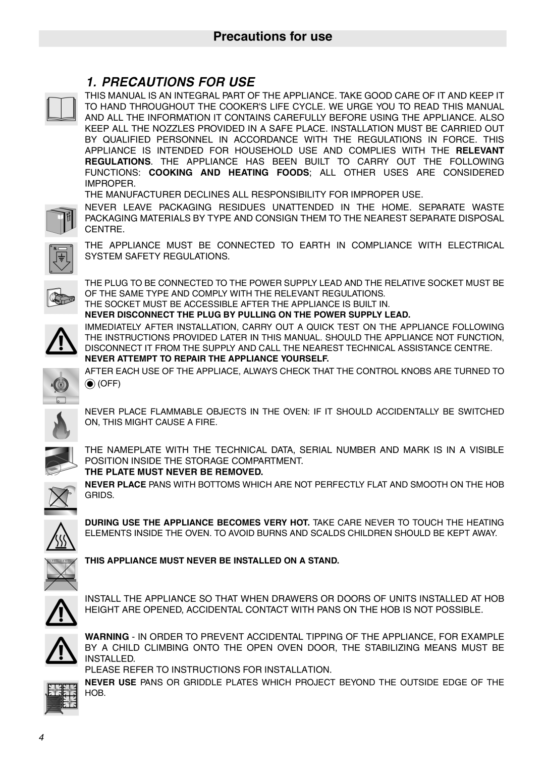 Smeg C9GMXA manual Precautions for use, Precautions For Use 