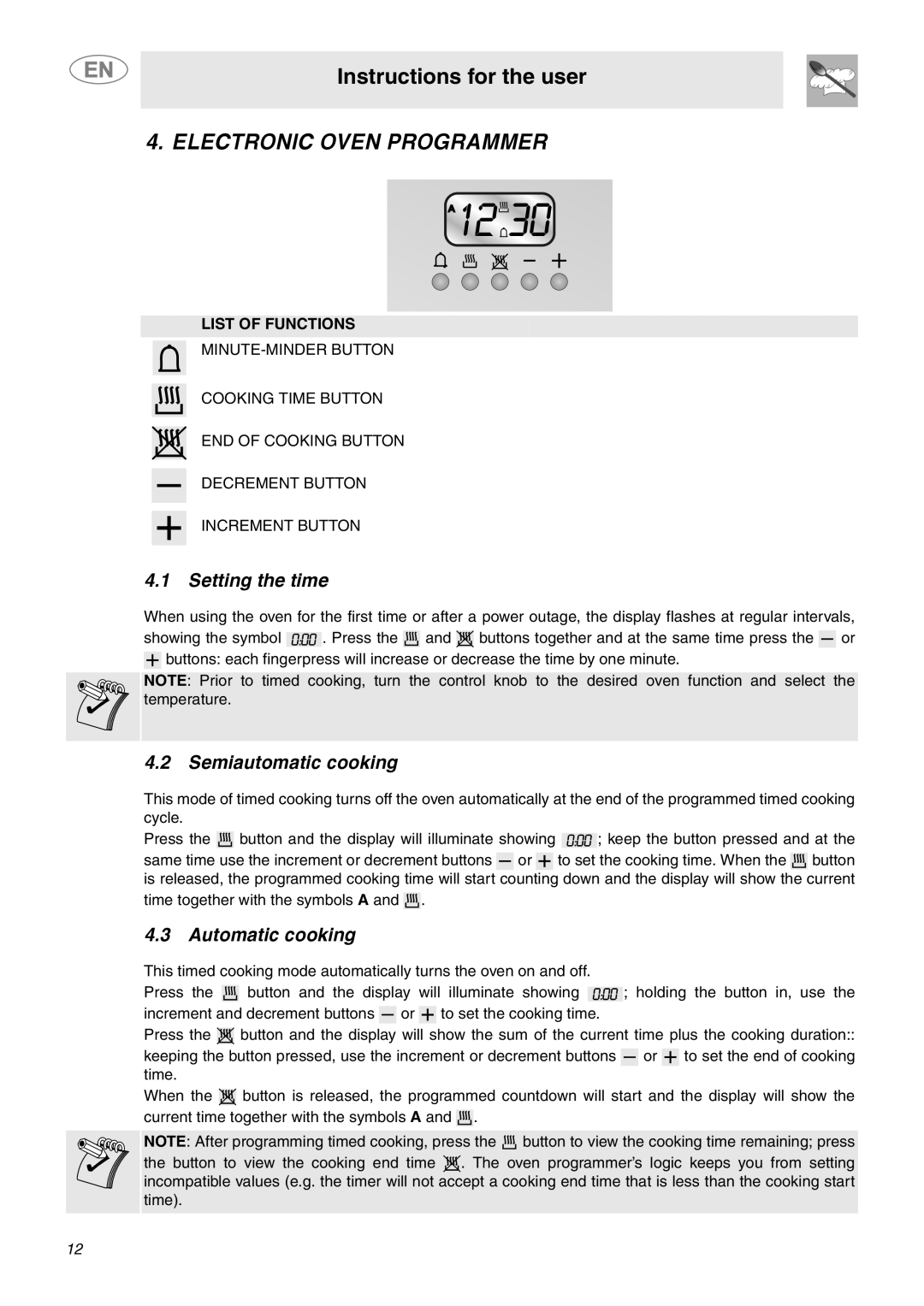 Smeg C9GMXU Electronic Oven Programmer, Setting the time, Semiautomatic cooking, Automatic cooking, List of Functions 