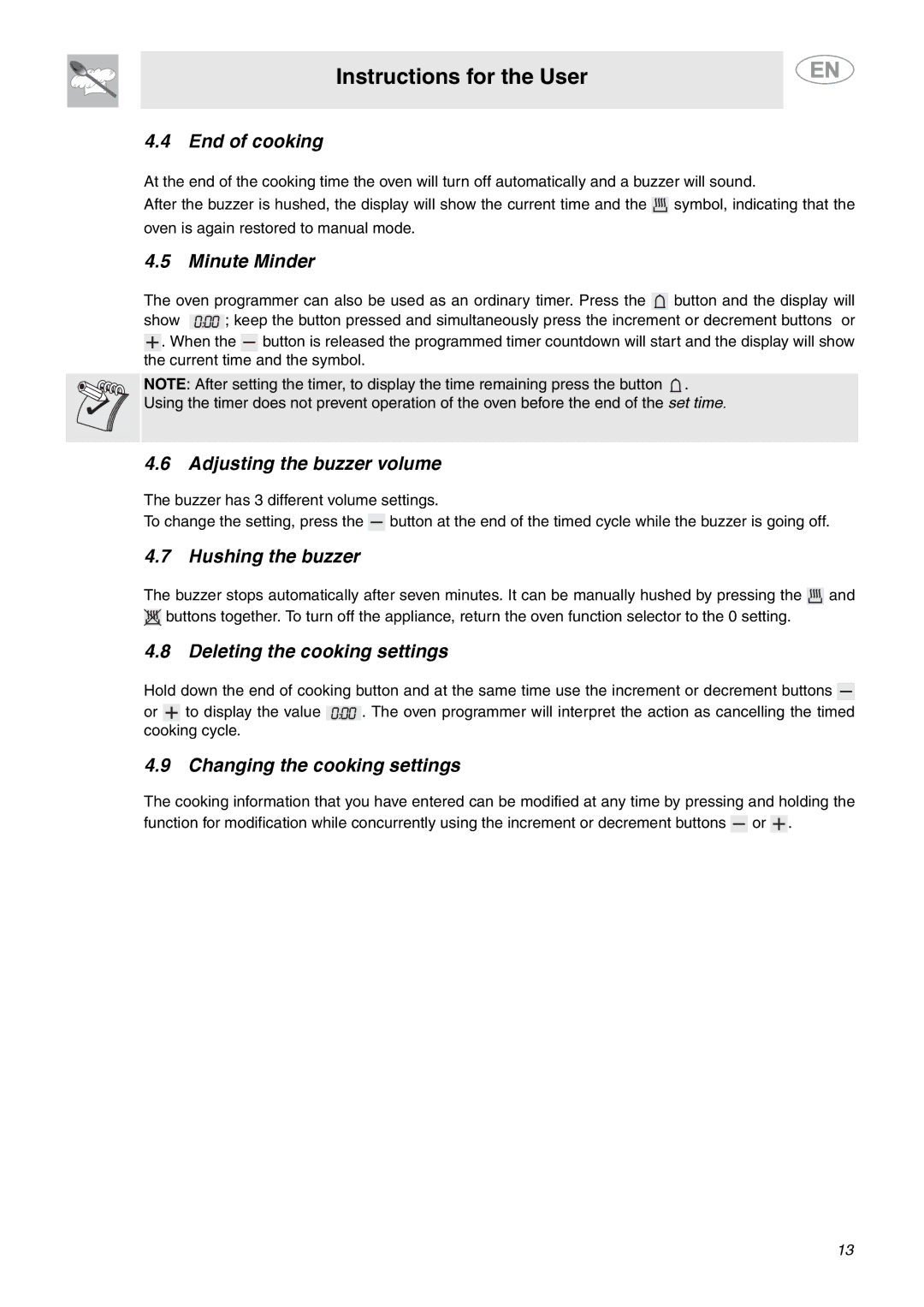 Smeg C9GMXU End of cooking, Minute Minder, Adjusting the buzzer volume, Hushing the buzzer, Deleting the cooking settings 