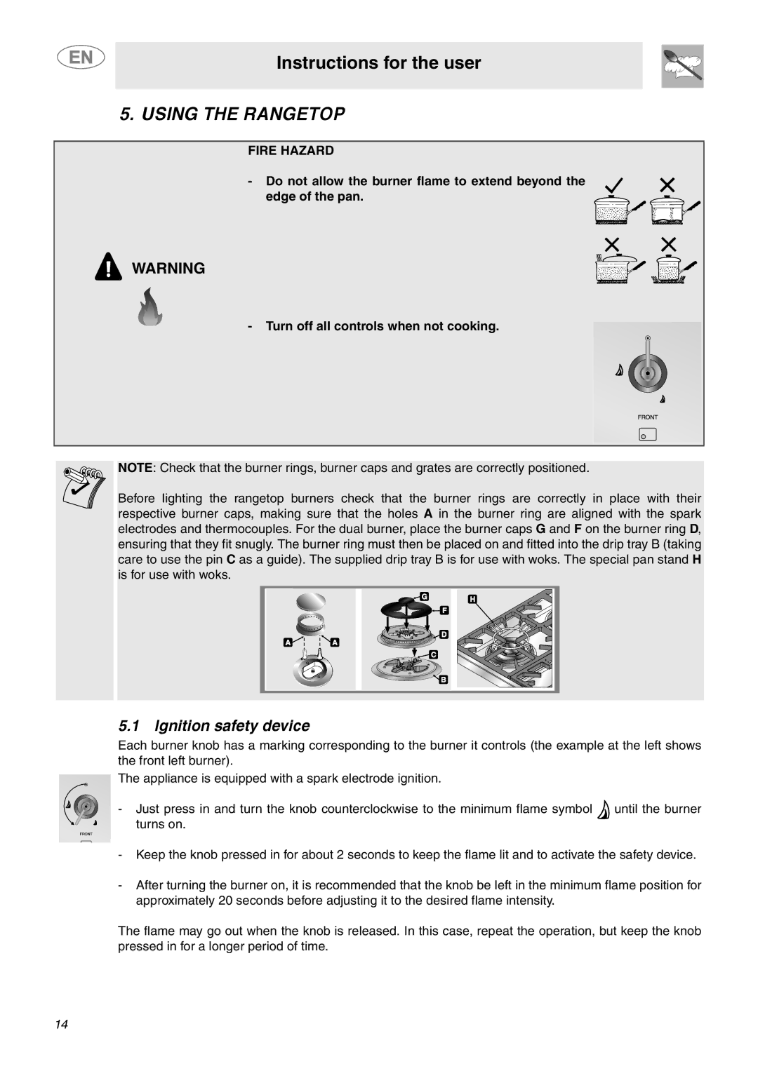 Smeg C9GMXU important safety instructions Using the Rangetop, Ignition safety device, Fire Hazard 