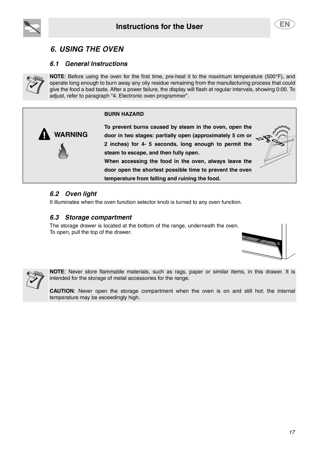 Smeg C9GMXU Using the Oven, General Instructions, Oven light, Storage compartment, Burn Hazard 