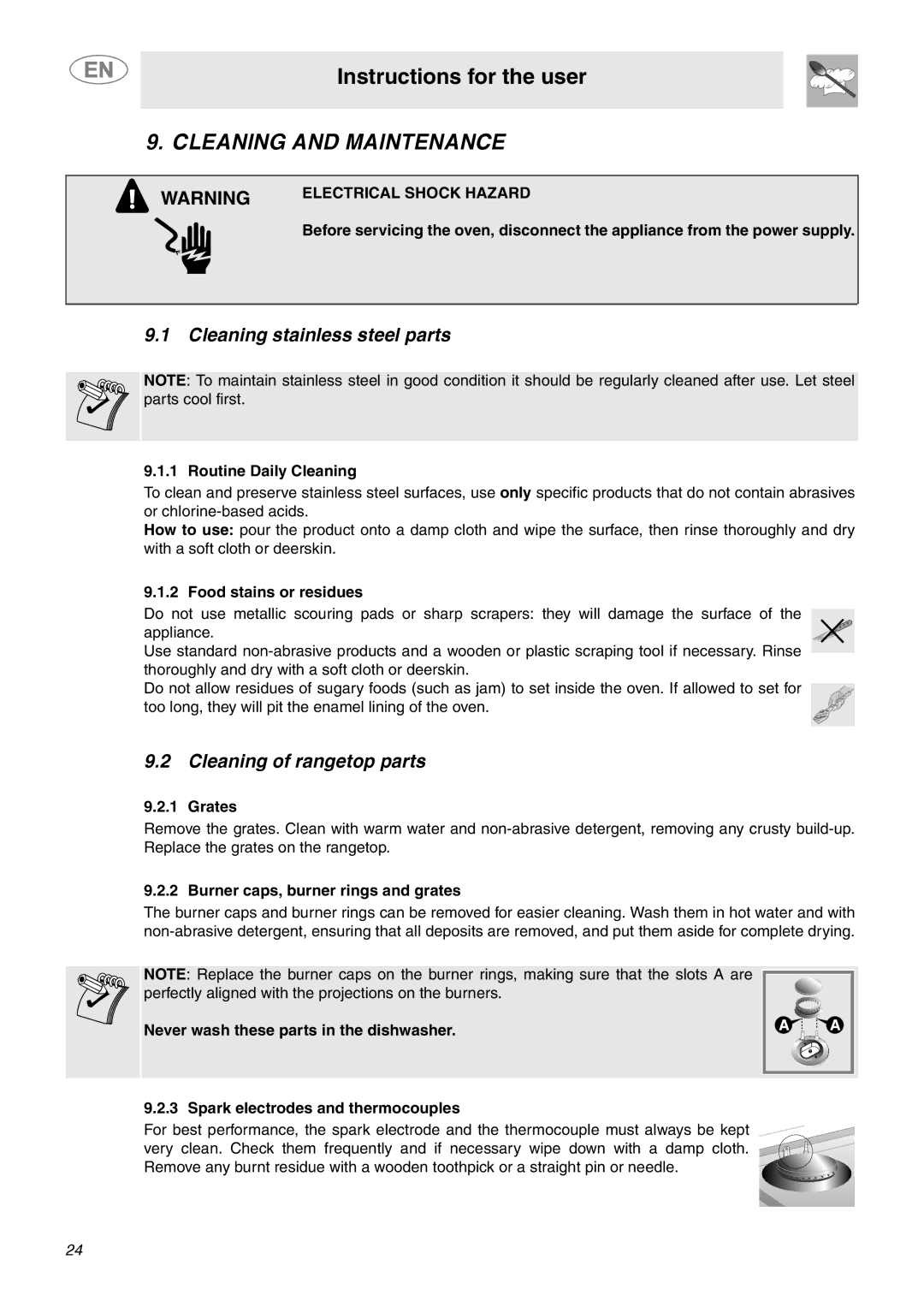 Smeg C9GMXU Cleaning and Maintenance, Cleaning stainless steel parts, Cleaning of rangetop parts, Electrical Shock Hazard 