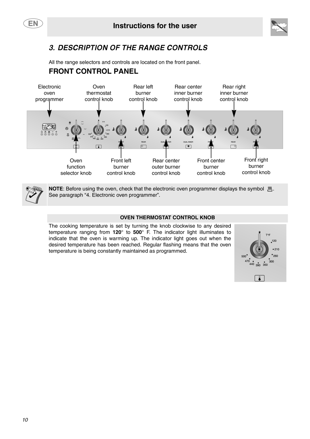 Smeg C9GMXU important safety instructions Description of the Range Controls, Oven Thermostat Control Knob 