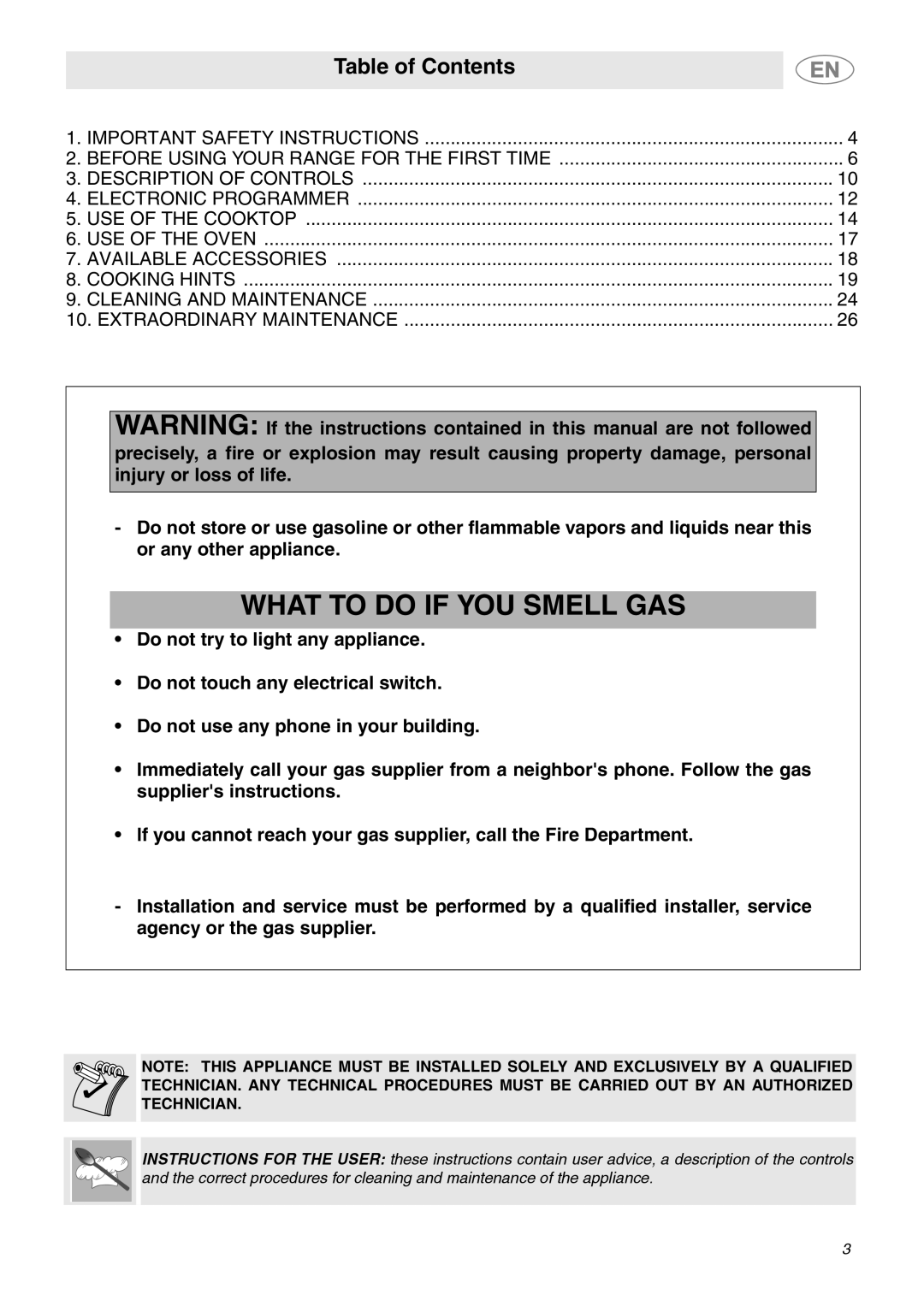 Smeg C9GMXU important safety instructions What To Do If You Smell Gas, Table of Contents 