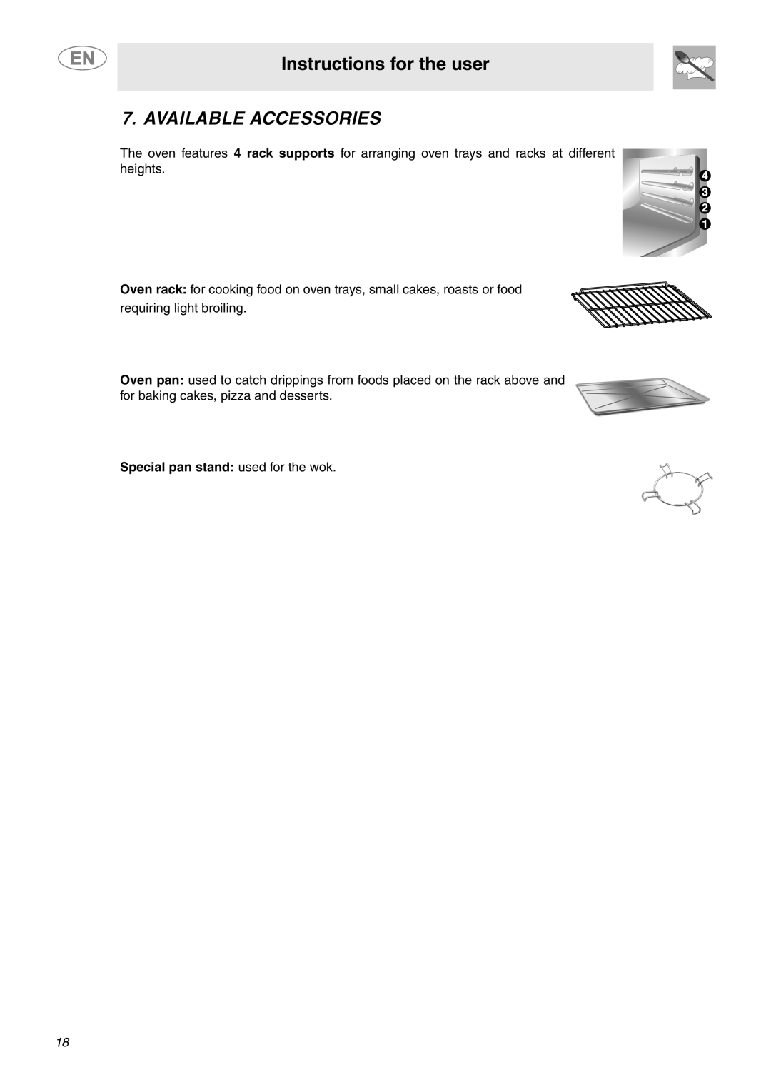 Smeg C9GMXU Available Accessories, Instructions for the user, Special pan stand used for the wok 