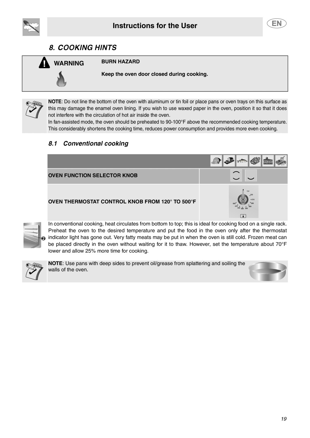 Smeg C9GMXU Cooking Hints, Conventional cooking, Instructions for the User, Burn Hazard, Oven Function Selector Knob 