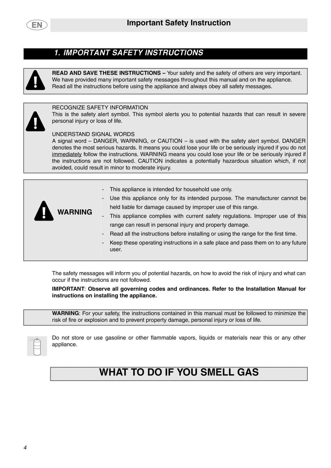 Smeg C9GMXU important safety instructions What To Do If You Smell Gas, Important Safety Instructions 