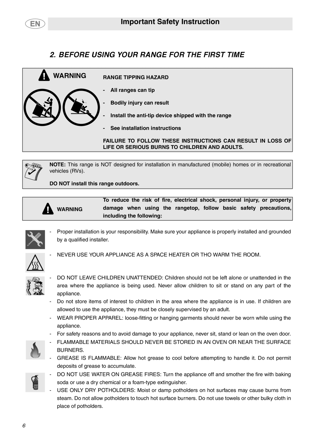 Smeg C9GMXU Before Using Your Range For The First Time, Important Safety Instruction, See installation instructions 